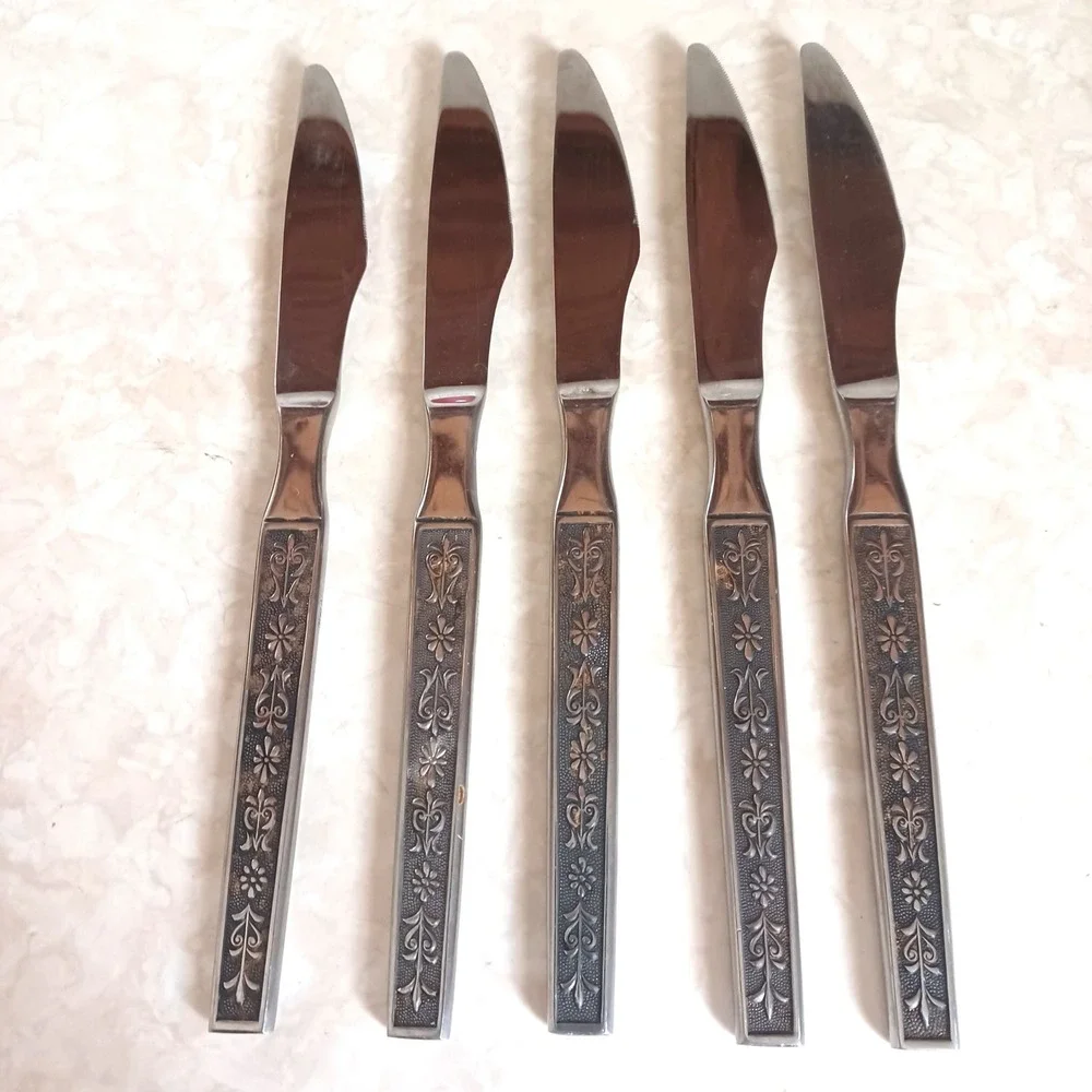Vintage Japan‎ Stainless Steel Steak Knives Set of 5 Floral Ornate Pattern MCM